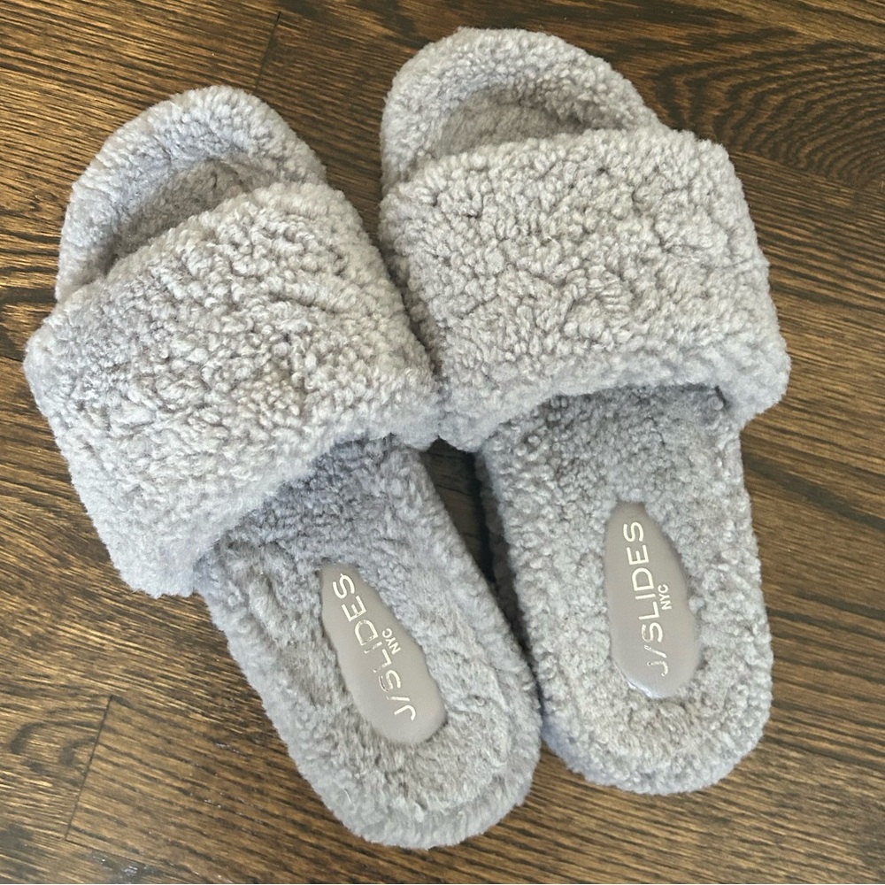 J/Slides Shearling Wool Platform Fuzzy Slipper in Gray; size 9